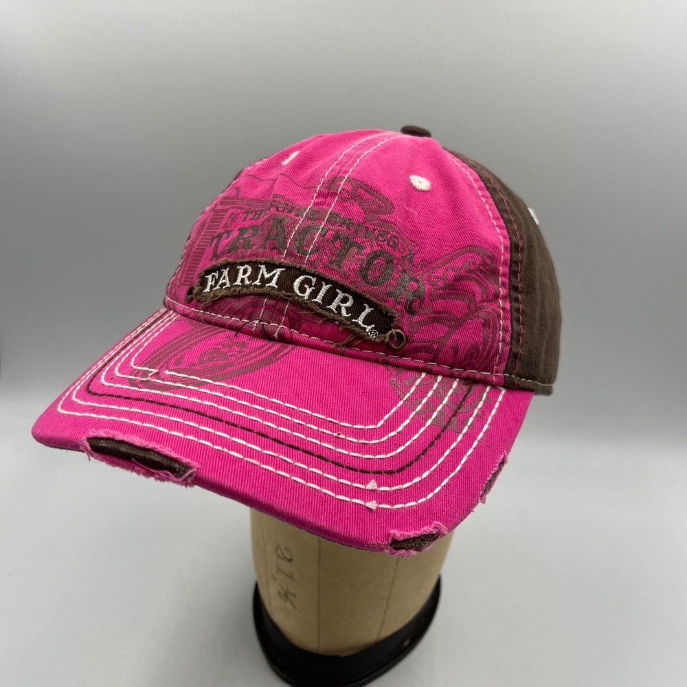 Farm‎ Girl Pink Brown Tractor Baseball Cap Distressed Adjustable Hat